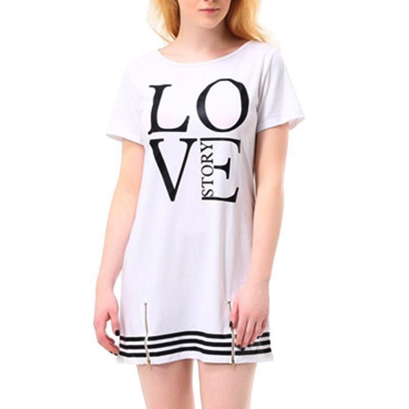 Elegant Sports Women Letter Love Printed Long T-shirt One-piece Casual Dress Zipper