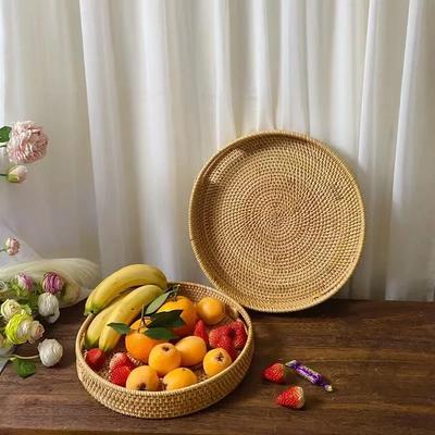 Hand-Woven Rattan Storage Basket TrayTea Fruit Round Case with Handle Afternoon Tea Fruit Tray Storage Basket Food Display Tray