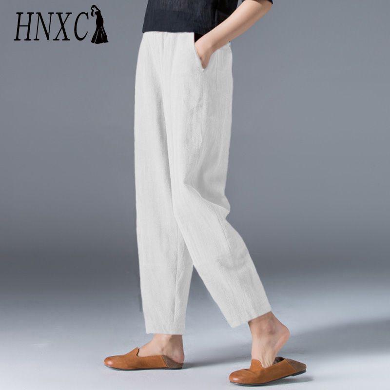

HNXC Закажите на 9 размеров больше, Женские летние повседневные свободные хлопково-льняные брюки-галифе с эластичной талией, облегающие брюки, брюки до девятой длины S белый