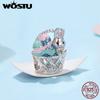 WOSTU Easter Gift 925 Sterling Silver Pink Rabbit Charm Lucky Egg Pendant Heart Beads Fit Original Bracelet Necklace DIY Gift