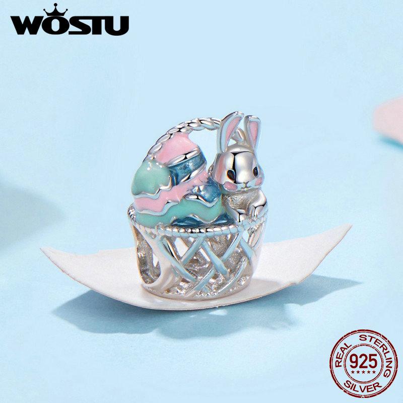 WOSTU Easter Gift 925 Sterling Silver Pink Rabbit Charm Lucky Egg Pendant Heart Beads Fit Original Bracelet Necklace DIY Gift