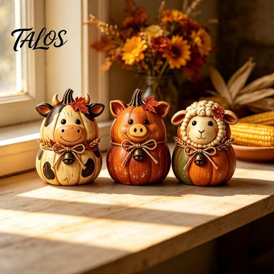 Seasonal Autumn Shelf Display 3PCS Rustic Harvest Wooden Ornaments, Animal Designs Retro Small Pumpkin Figurines Distressed Farmhouse Crafts,