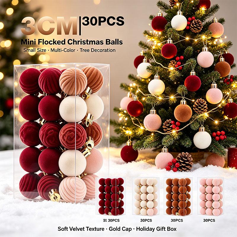 30PCS Wine Red Christmas Ball Velvet Round Christmas Balls Xmas Tree Ornaments Ball Hanging Pendants New Year Party Decoration