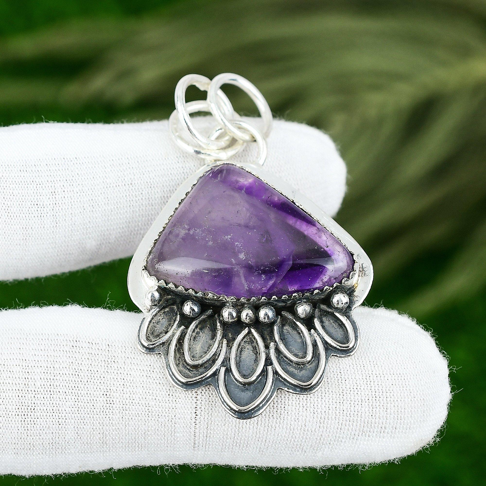 Sterling Silver Trillion Natural Star Amethyst Elegant Unique Pendant Jewelry
