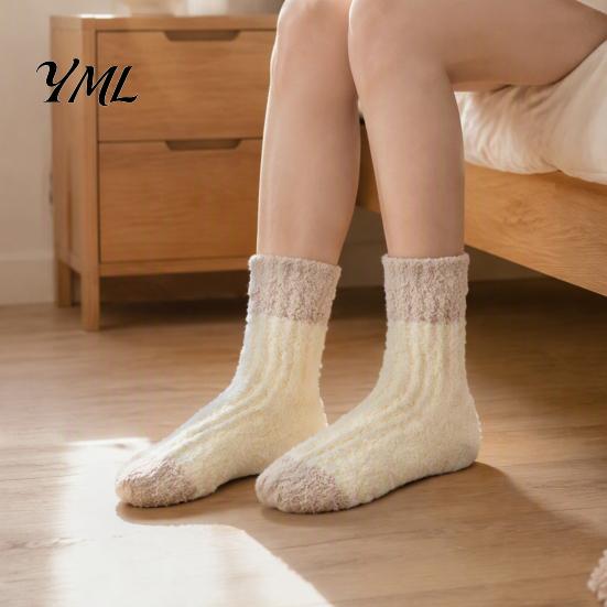 Plush Warmth for Autumn Winter Thickened Long Socks Women, Warm Coral Fleece Socks, Soft Thermal Hosiery Sleep Anti-static Contrast Color Indoor Cozy