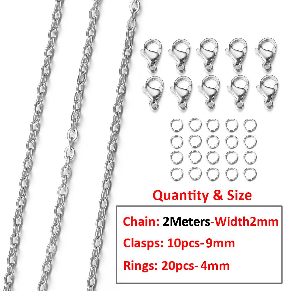 2Meters/1Meter Stainless Steel Chain Lobster Clasps Jump Rings Connectors Chains for Bracelet Necklace Jewelry Making DIY Kit