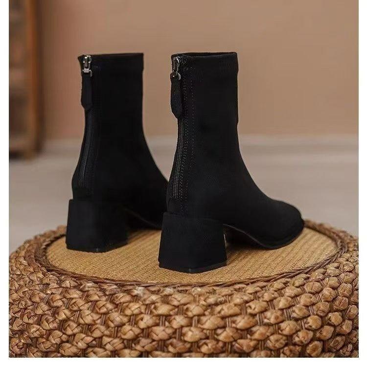 Fashion Thick Heel Short Boots Women's Thin Boots 2025 New Autumn and Winter Square Head High Heel Socks Boots Suede Elastic Boots