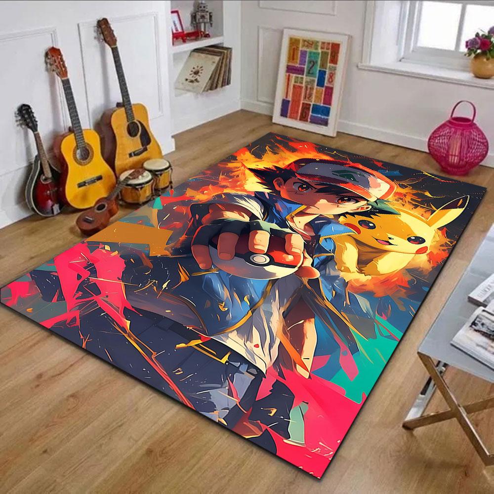 Pokemon Trainer and Pikachu Vibrant Art Patterned Carpet, Non Slip Mat Suitable for Living Room and Bedroom Sofas