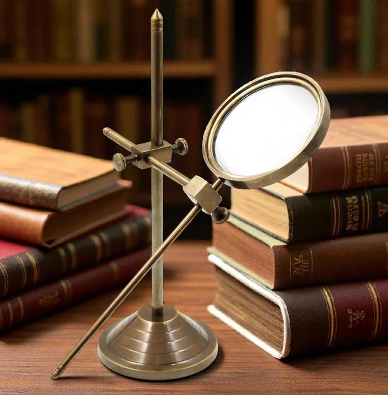 Vintage Brass Magnifying Glass On Stand: Adjustable Desk Magnifier
