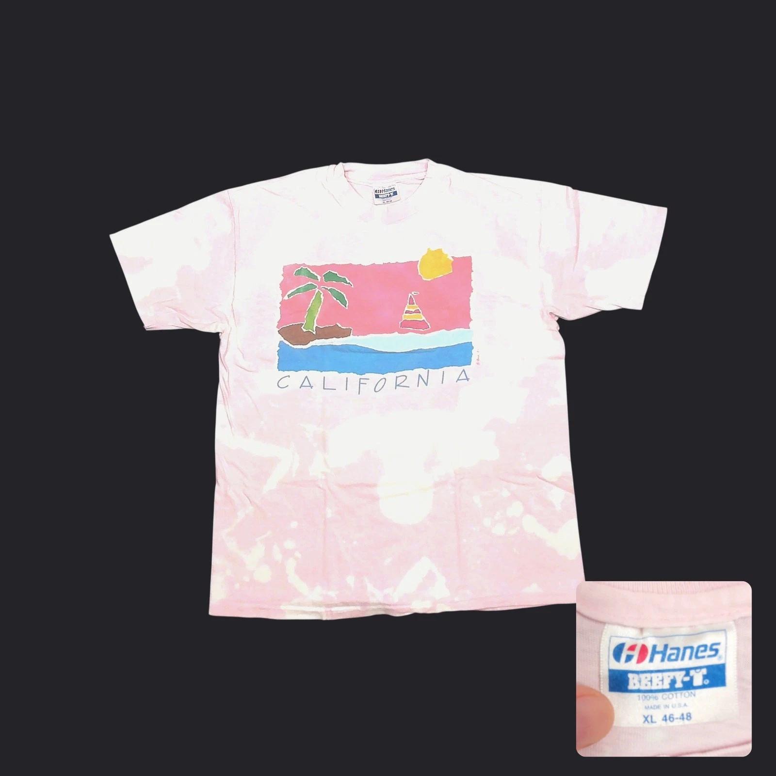 80s Hanes Blue Bar California Art T Shirt Pink Bleach Tie Dye Bird 1987 L XL 2XL