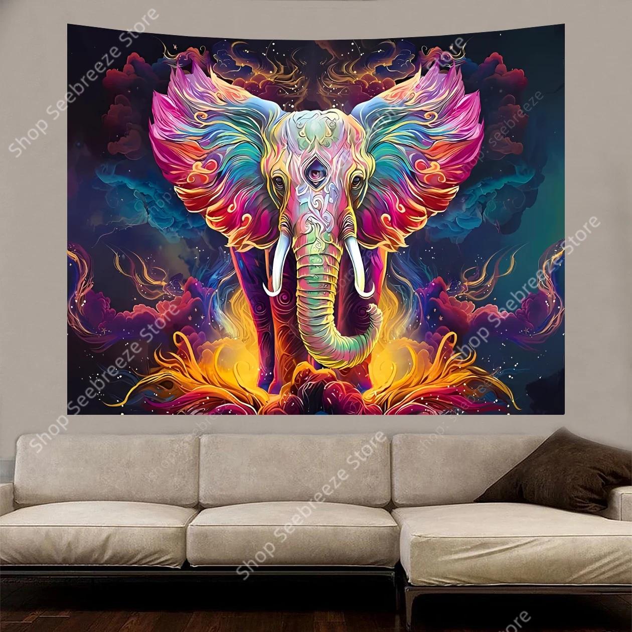 Trippy Elephant Tapestry Boho Watercolor Elephant Wall Tapestry Aesthetic Colorful Cloud Poster Spiritual Meditation Tapestries 100X70CM