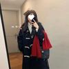 Women's Black Fleece-Lined Wool Coat with Horn Buttons - Korean Style, Petite, Mid-Length