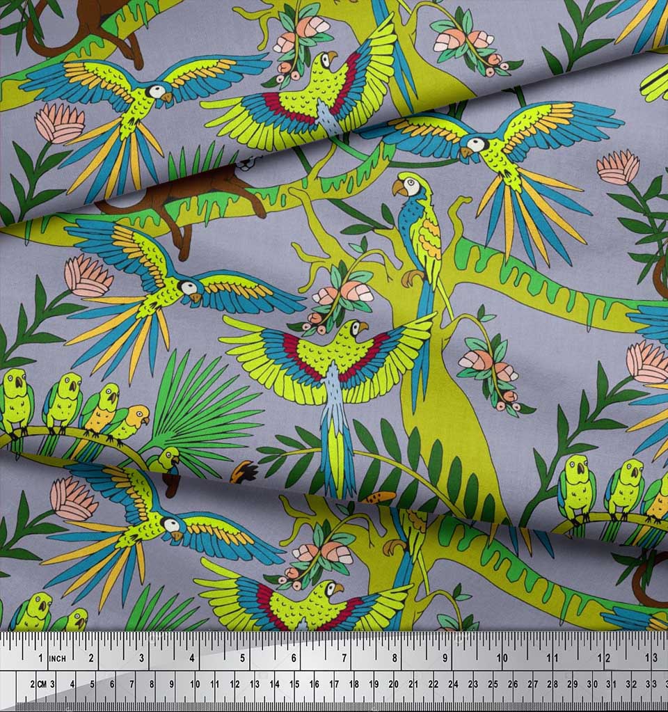 Soimoi Japan Crepe Satin Fabric Branches,Parrot & Leopard Jungle Print Fabric by the metre 42 Inch