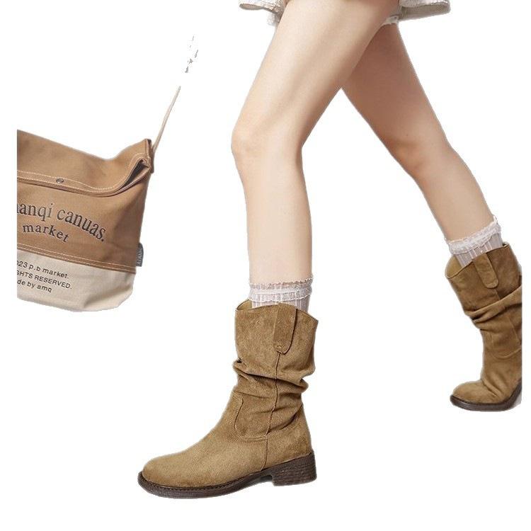 Medium tube stack boots thick heel short boots comfortable single boots new autumn western cowboy martin boots