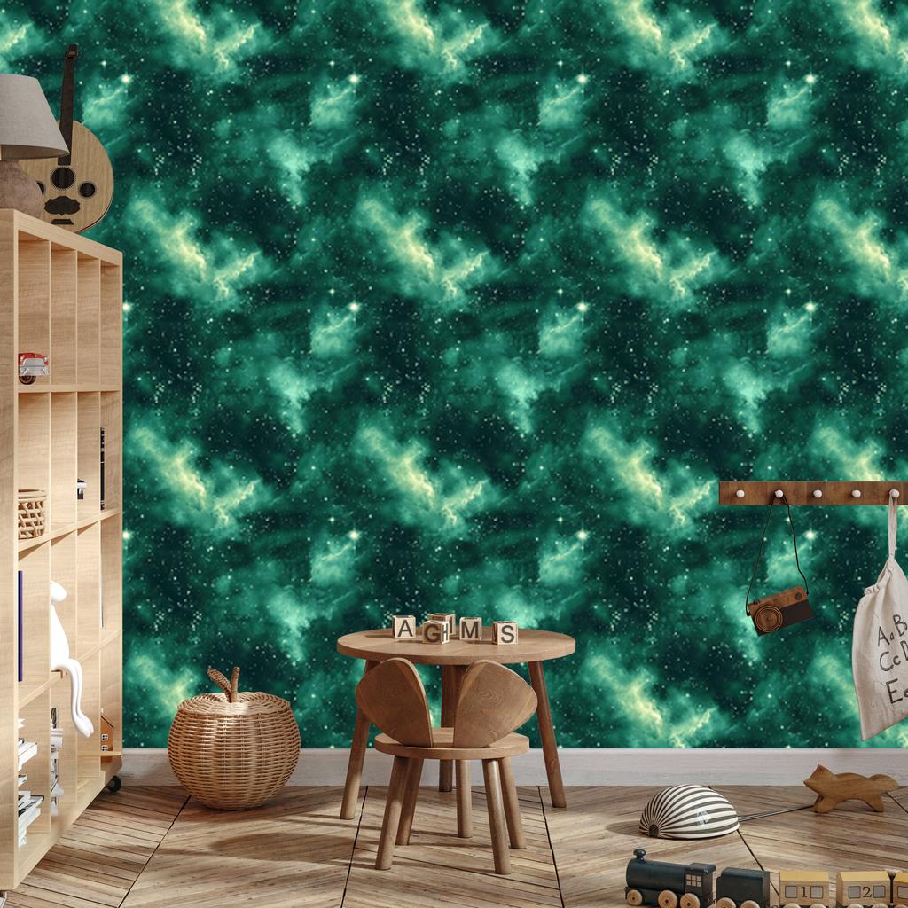Watercolor Galaxy Wallpaper in Sea, Turquoise and Green 50x1000
