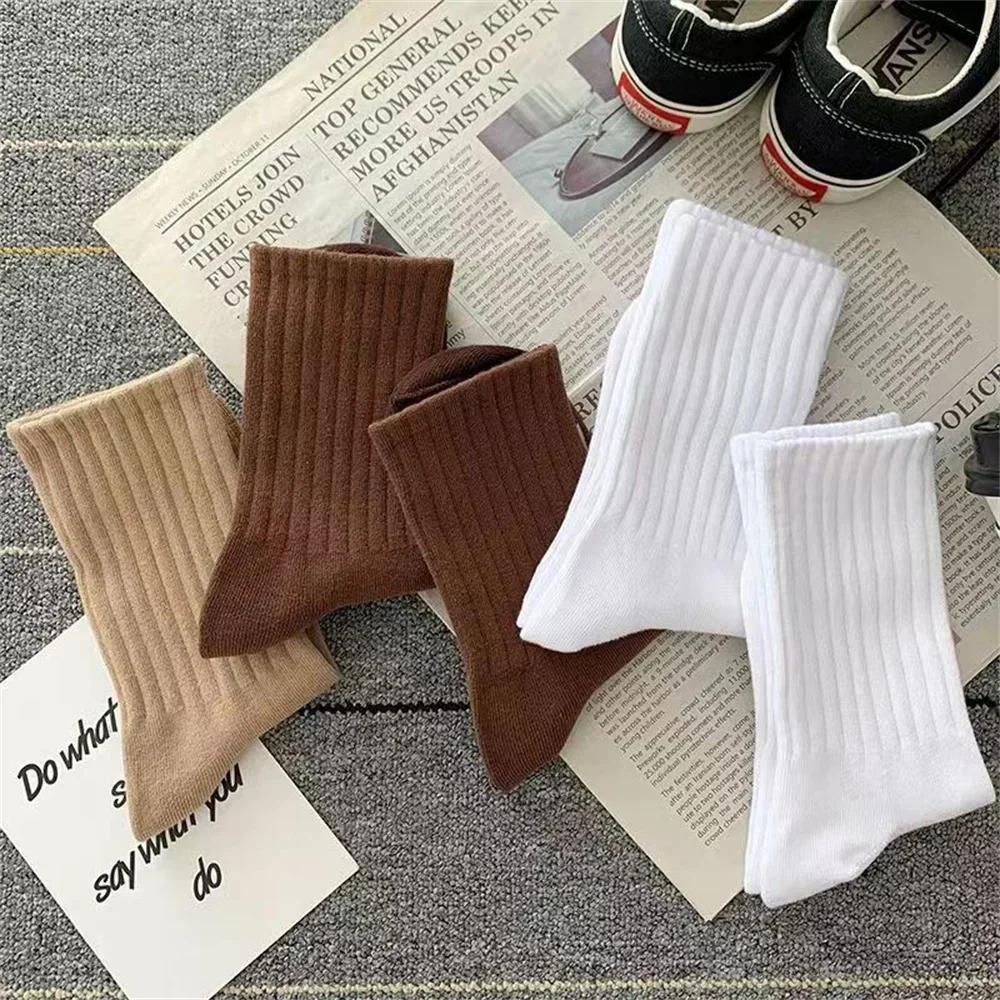 5 Pairs Mid Tube Polyester Cotton Women Socks Pack Set Japanese Fashion Solid Color Girls Vertical Stripes Socks