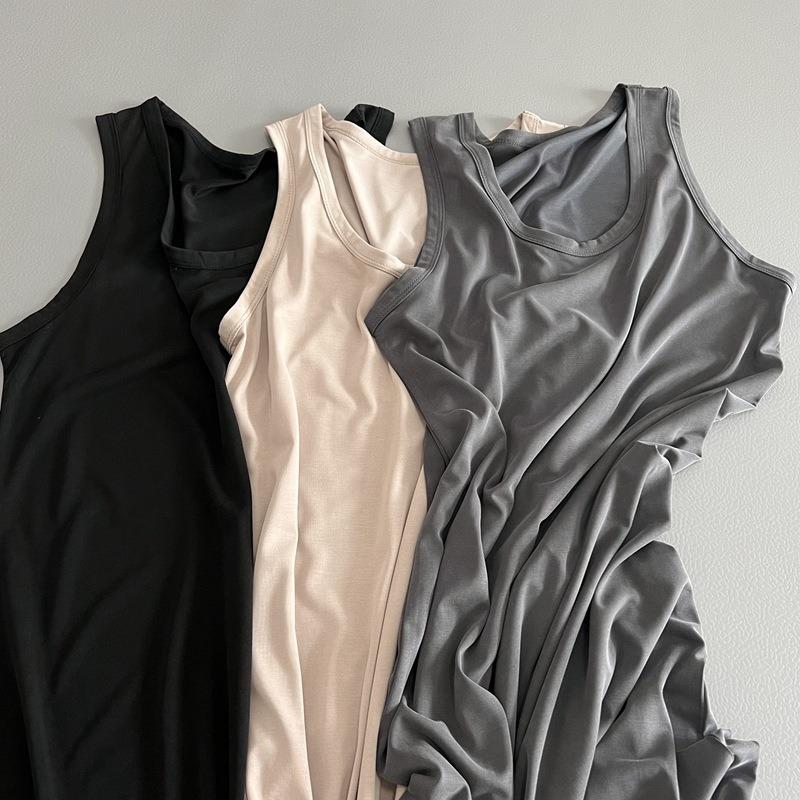 Copper Aonia Silk Texture Long Vest Dress Smooth Cool Skirt Suer New Women's Casual Round Neck Solid Color Skirt