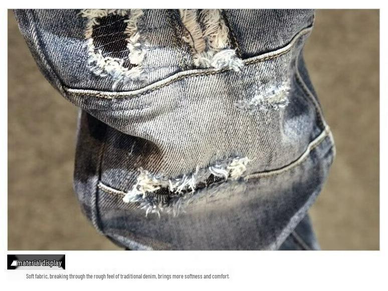2025 Spring/Summer Men's Slim Fit Patchwork Ripped Jeans, Straight Leg, Blue with Applique and Raw Edge