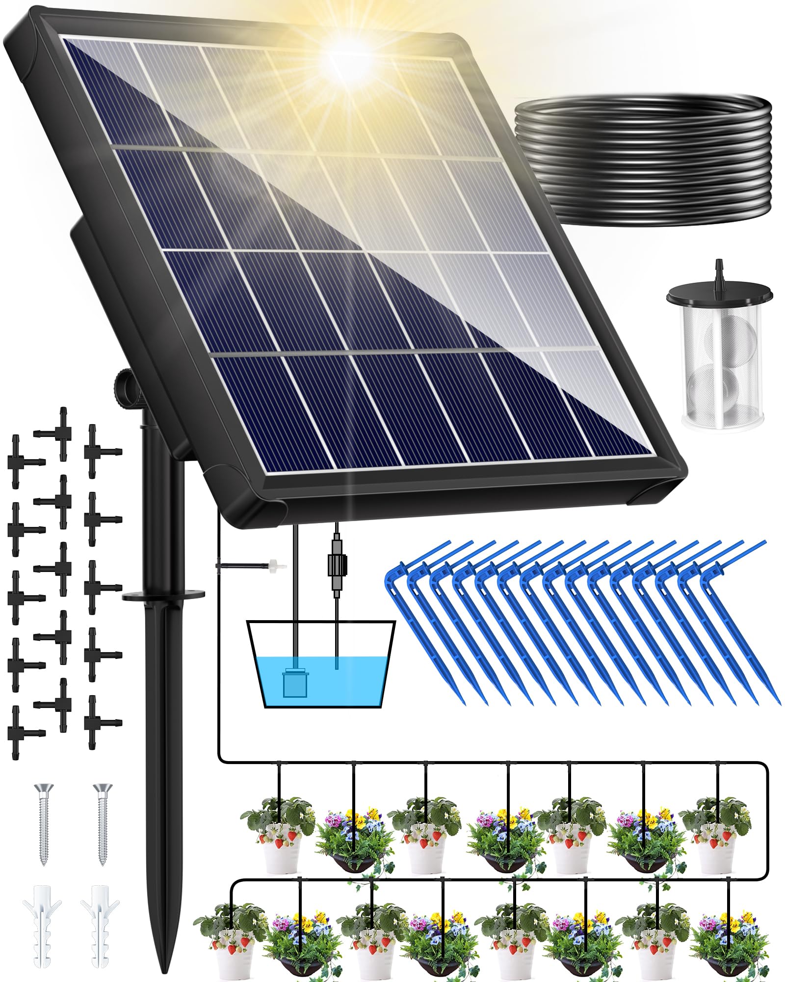 

NFESOLAR Solar Automatic Watering Kit: Waters 15 Pots Simultaneously, 6 Modes, 15m Hose Included, Watering Timer, No Power/Water Supply Required, Idea