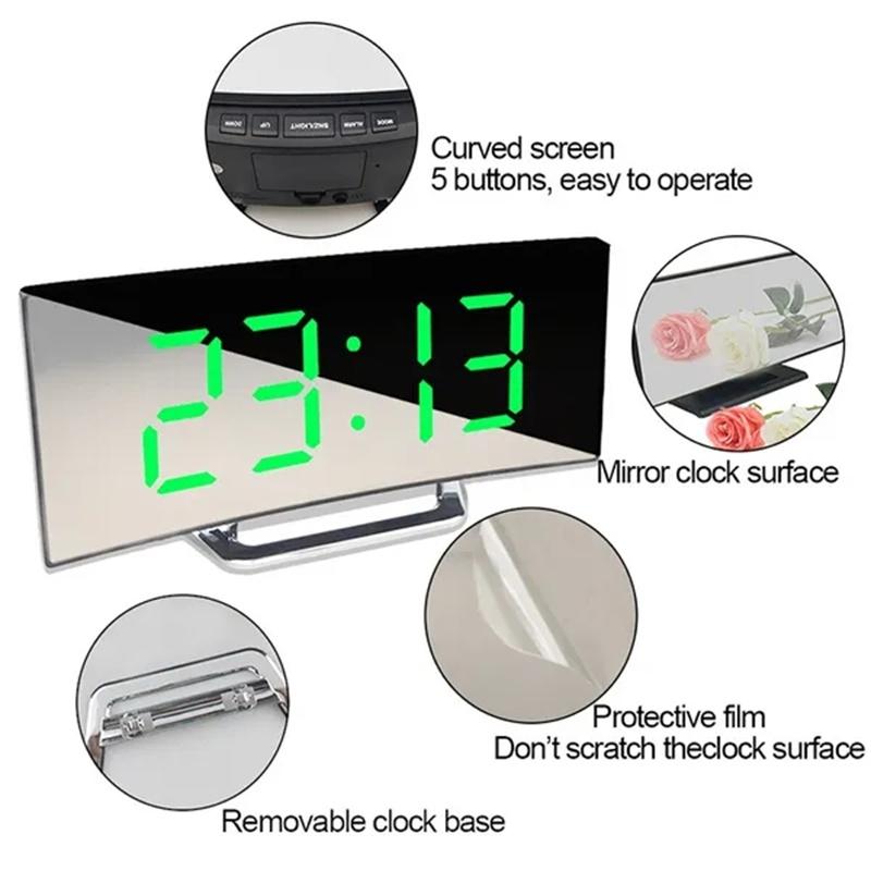 Curved Screen Mirror LED Digital Clock Creative Digital Alarm Clock with Large Display USB Charging Powered Bedside Table Clock2