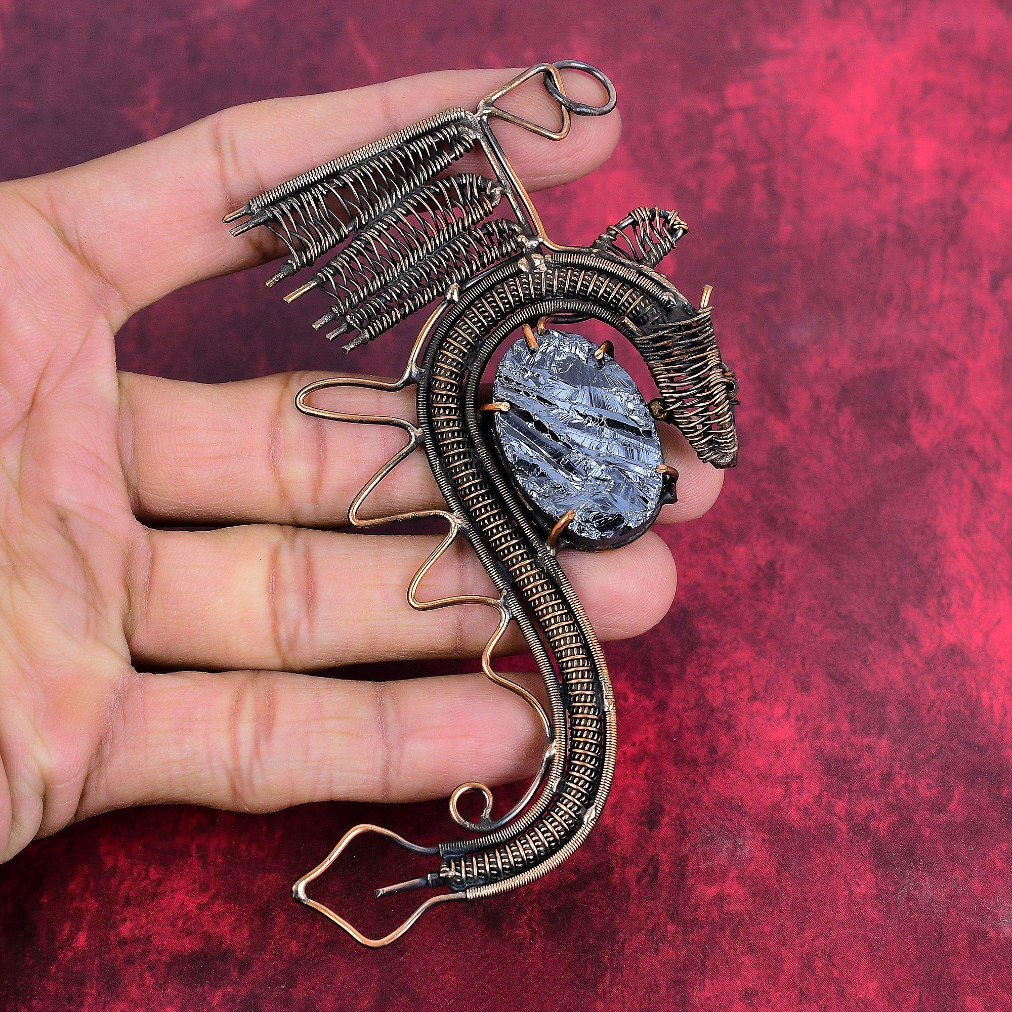 Shungite rough pendant copper wire wrapped handmade pendant gemstone pendant copper jewelry dragon pendant gifts for her birthstone jewelry