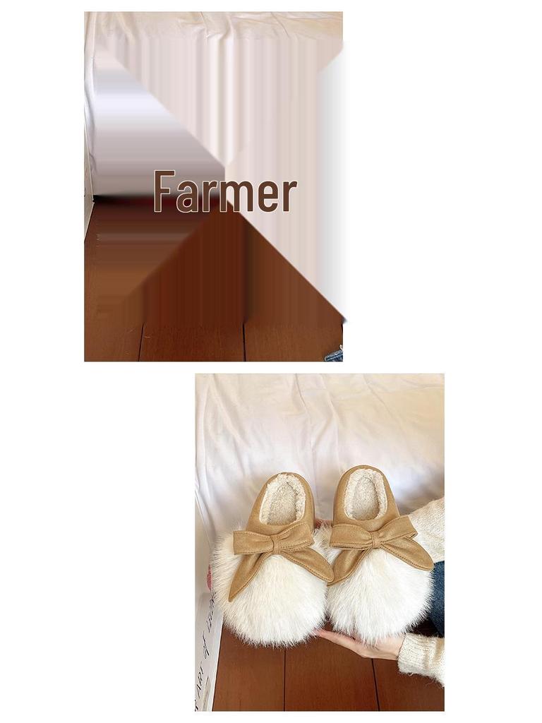 Women's Furry Bow Cotton Slippers: Thick-Soled, Velvet-Lined, Warm, Non-Slip for Autumn & Winter Indoors