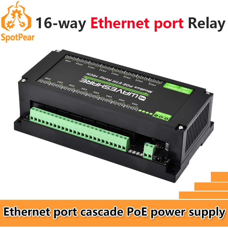 Industrial RJ45 Ethernet To 16-ch Relay Module Modbus RTU TCP With Protection and guide rails