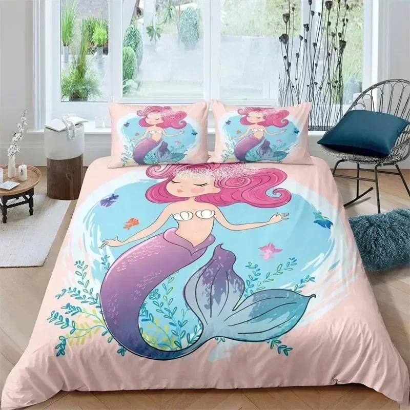 Modern Cartoon Mermaid Toddler Bedding Set Duvet Cover Sheet Printed Bed Set Pillowcase Full Queen King Size Comforter Bedroom