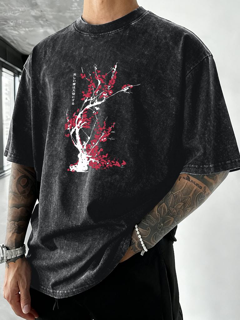 Japanese Harajuku Cherry Blossom Pattern Men Washed T Shirt Casual Soft TShirt ONeck Loose Short Sleeve Beach Cotton Clothes