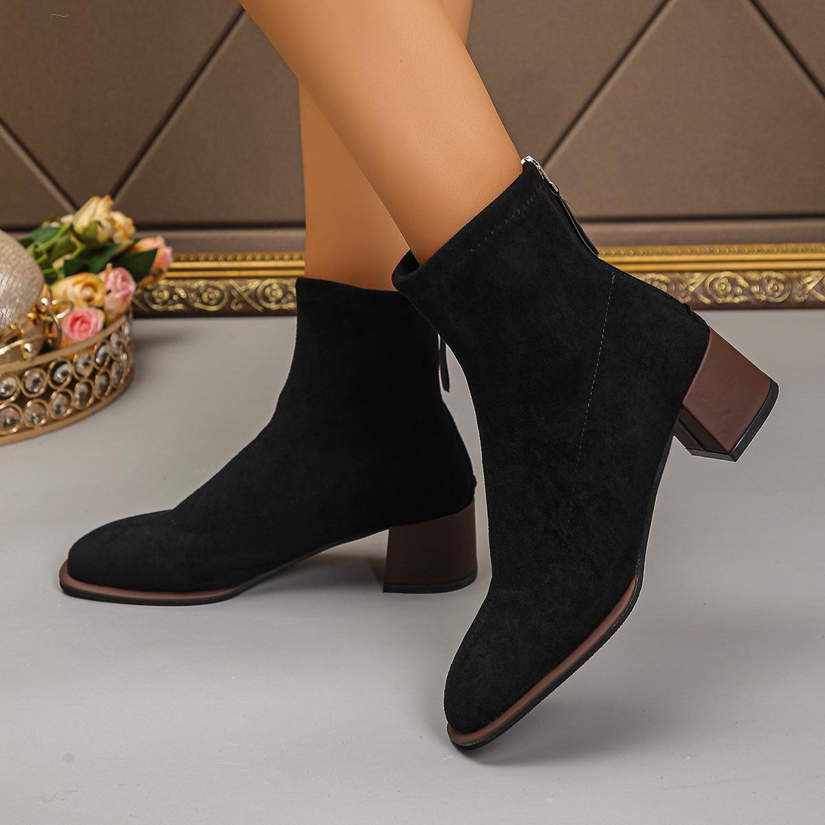 

Fashion New fashionable short-top suede thick-heeled skinny boots for women, mid-heeled fashion boots with elastic tassels 42 чёрный