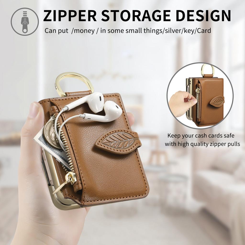 Protective Dual Layer Bumper Phone Wallet Case for Samsung Galaxy Z Flip 6 Cases with Card Holder Built-In Mirror Zipper Purse