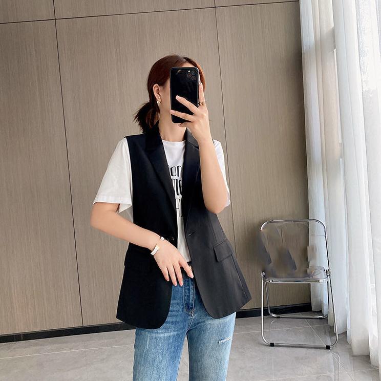 Elegante Fashionável Minimalista Estiloso Roupa Exterior Feminina Tendência Estilo Coreano Blazer Conjunto Colete Fibra de Poliéster