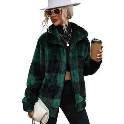 Damenjacken, Polarfleece, kariert, Reißverschluss, Plüsch, langärmelig, Herbst, Winter, Frühling, mittellang, modisch, für den Alltag im Freien