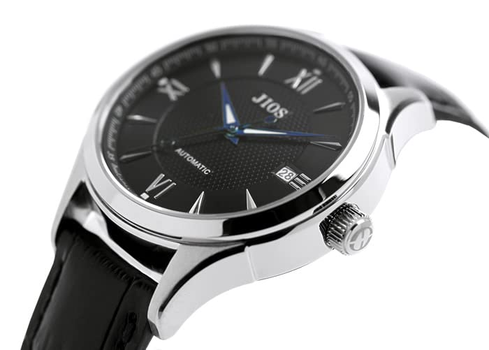 JIOS Automatic Made In Genuine Leather Sapphire Crystal with Blue Hands and Black Crocodile Embossed Men's Watch, Japan, Strap, (Black Strap)