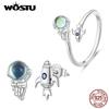 WOSTU 925 Sterling Siler Creative Spaceman Spacecraft Asymmetric Opening Rings Rainbow Stud Earrings Girl Birthday Jewelry Gift
