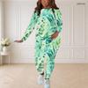 Women Plus Size Round Neck Long Sleeve Green Blue Printed Fitted Pants Two Piece Set