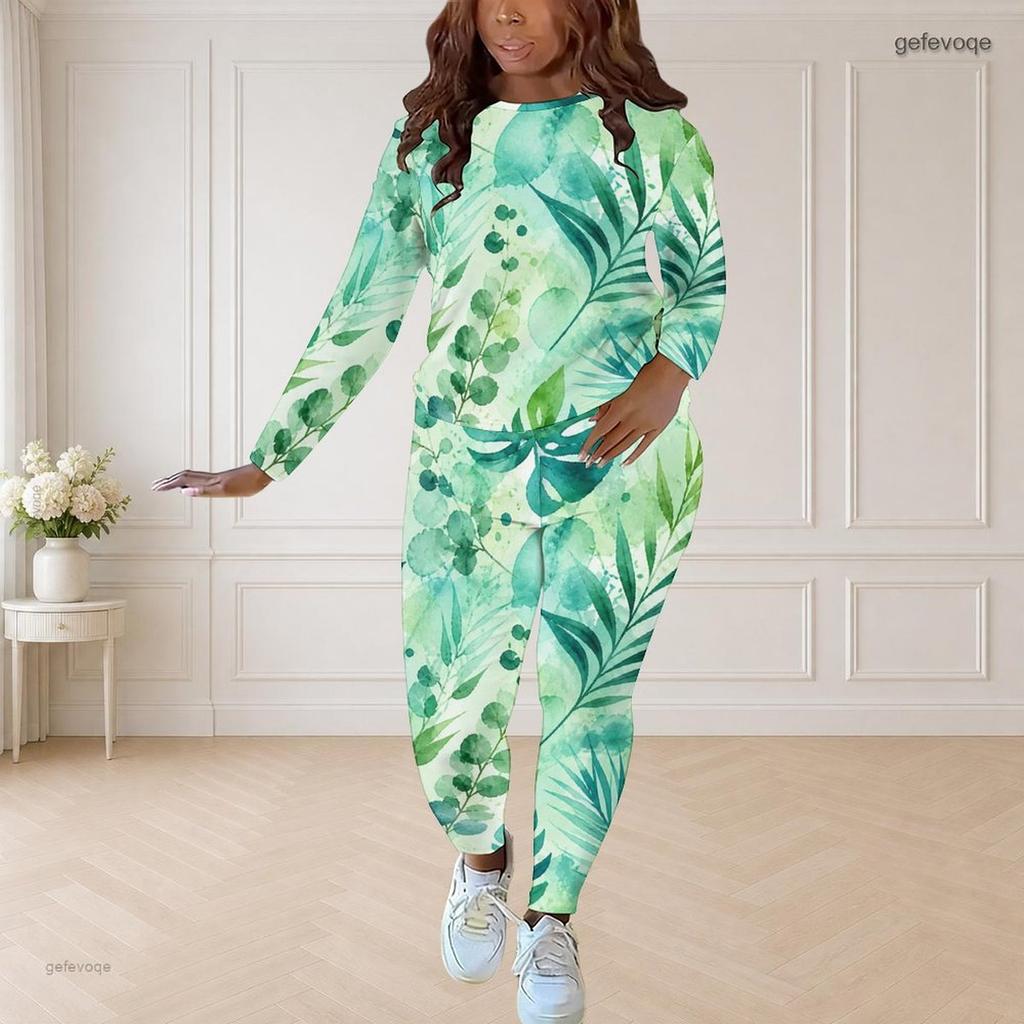 Women Plus Size Round Neck Long Sleeve Green Blue Printed Fitted Pants Two Piece Set