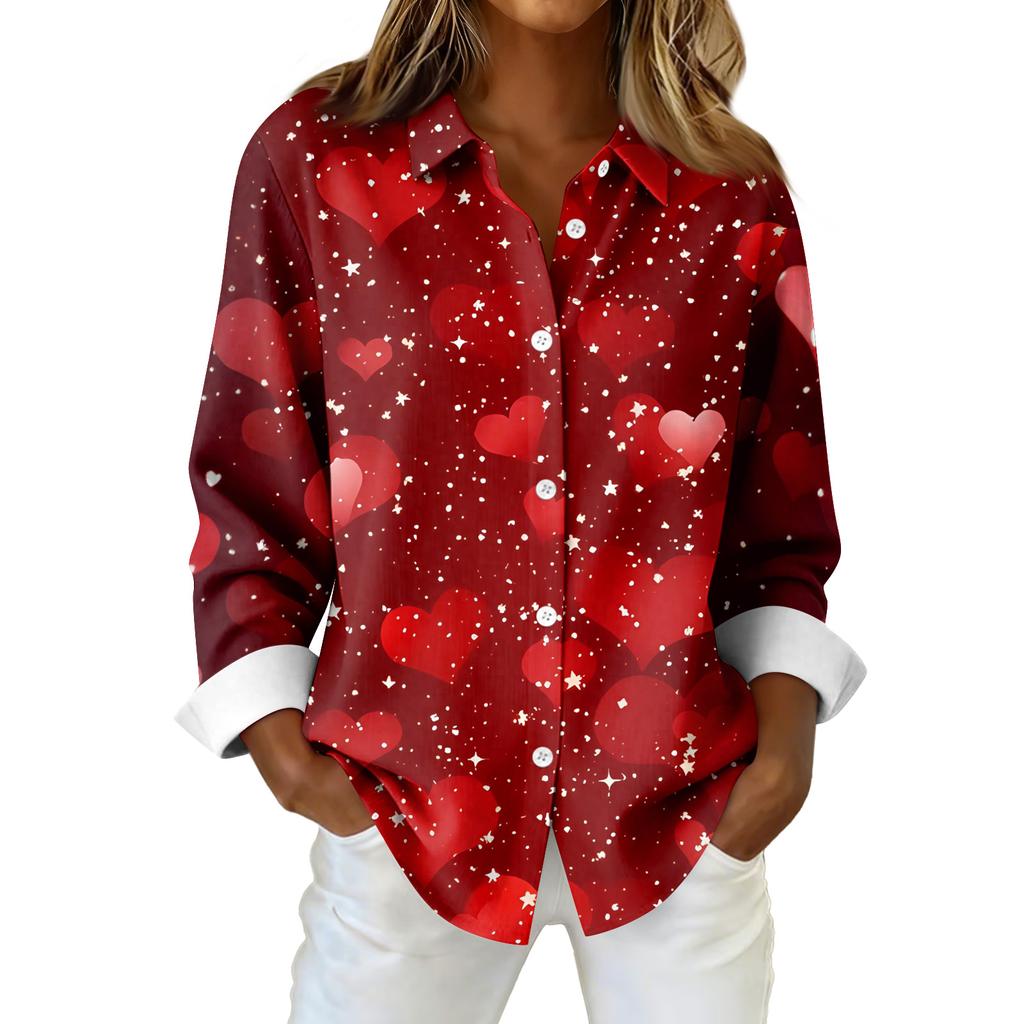 Damen Hemd Bluse Weihnachtsdruck Knopf Langarm Casual Basic Hemdkragen Normales Oberteil