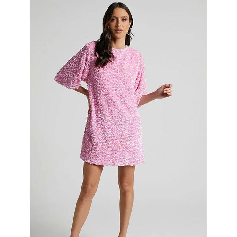 

Sequined Halter Dress with Short Sleeves Sequin Backless Short Sleeve Dress Female Pink M