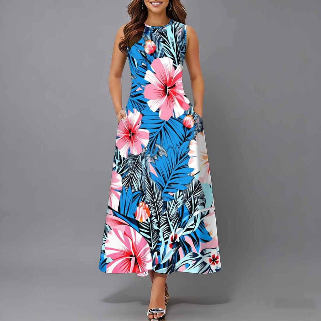 Ladies Oversized Sleeveless Round Neck Dress Fresh Watercolor Blossom Flowy Midi Dress