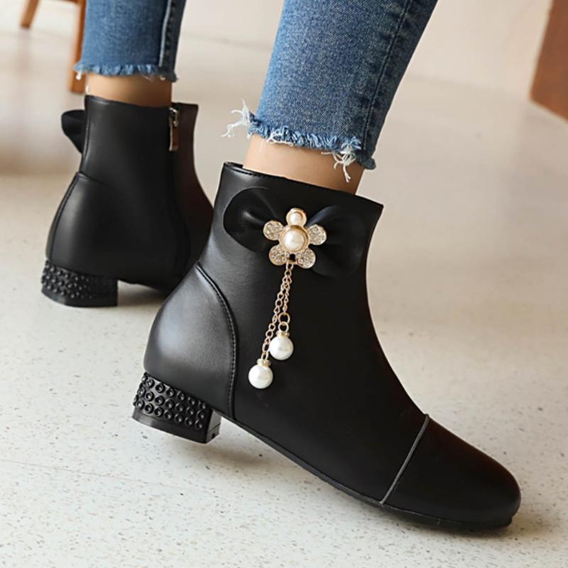 Růžové Kotníkové Boty Dámské Boty Sladký Krystal 2024 Podzim Zima Kotníková Bota Pro Ženy Nízký Podpatek Černá Bílá Společenské Boty Velká Velikost