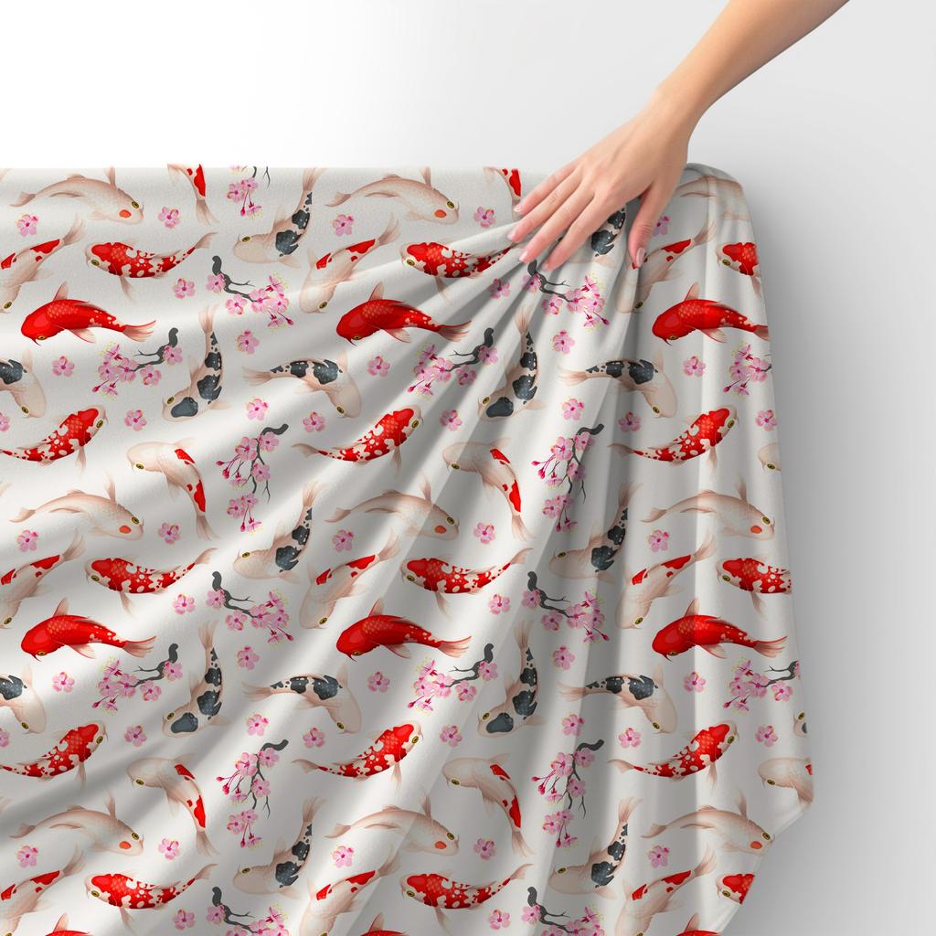 Royal Samt Stoff Polyester Zum Nähen - Motiv Koi-Fische Und Sakura