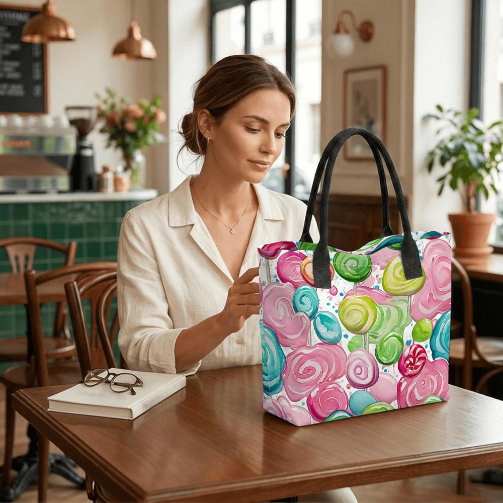Cute Lollipop Printed Tote Bag Casual Lightweight Shopping Handbag for Daily Use