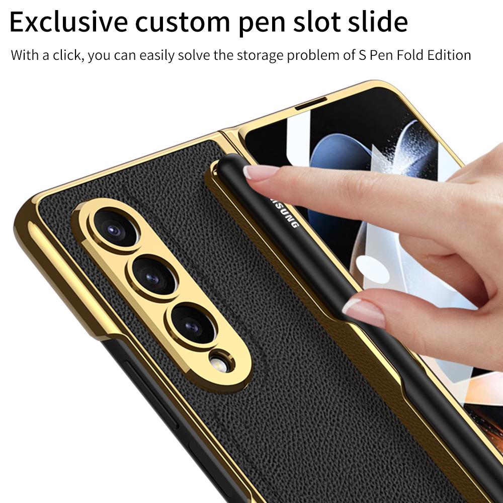 Samsung Z Fold 4 Pen Slot Leather Phone Case with Electroplated Finish and Camera Protection