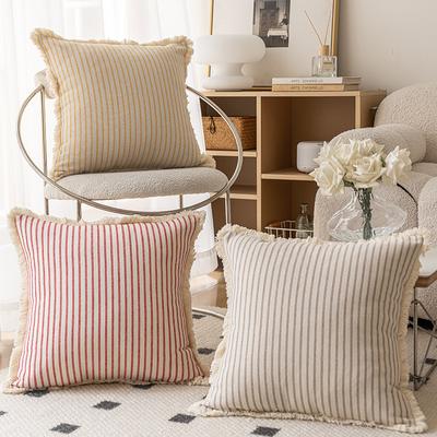 Set of 2 Stripe Throw Pillow Covers Decorative Pillow Covers Farmhouse Style Boho Cushion Covers Pillow Covers with Tassels for Living Room 18x18 Inch