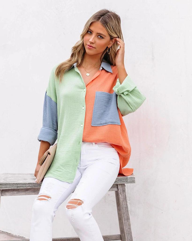 European & American Style Women's Color Block Patchwork Drop Shoulder Long Sleeve Shirt