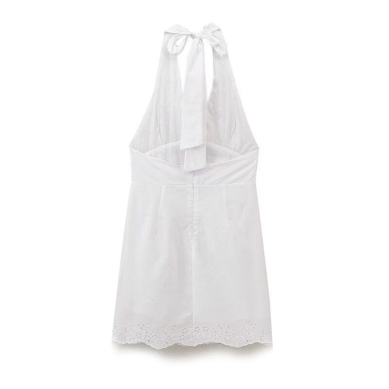 Fashion Style 2024 Summer New Arrival Women's Stylish Hanging Collar Embroider Poplin Dress Short Skirt 0881333