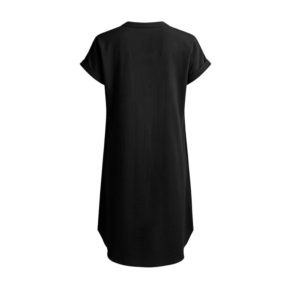 Women Casual Linen Cotton V Neck Short Sleeve Button Front Loose Fit Dress Lightweight Summer Tunic Dress with Pockets