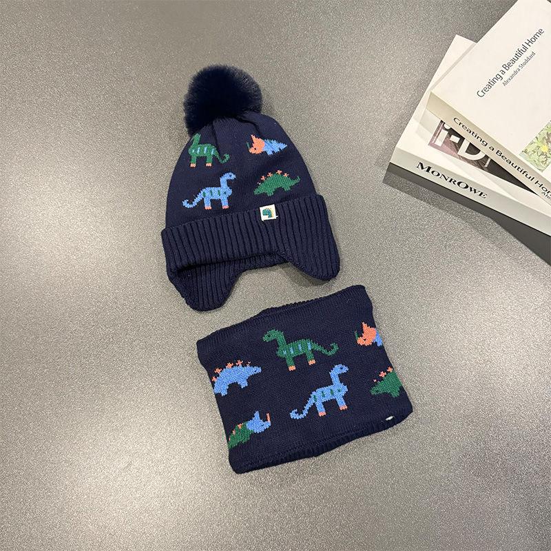 Children's Dinosaur Hat Scarf Two-piece Set Winter Baby Plush Thickened Knitted Hat Ear Protector Wool Hat Bib