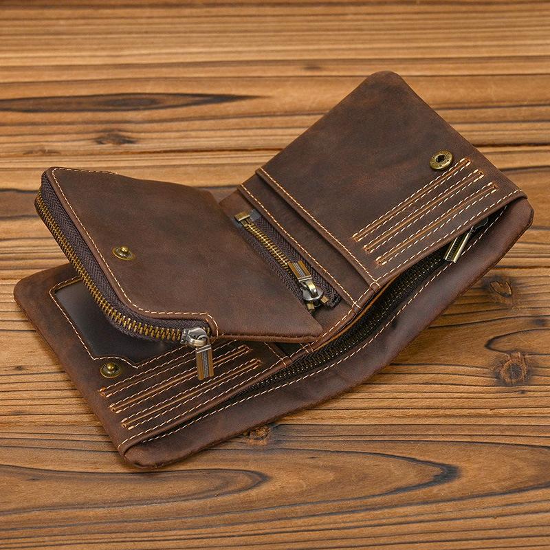 New Retro Leather Short Wallet with Zipper Change Bag Snap Button Wallet Crazy Horse Leather 20% Off Multi-card Wallet
